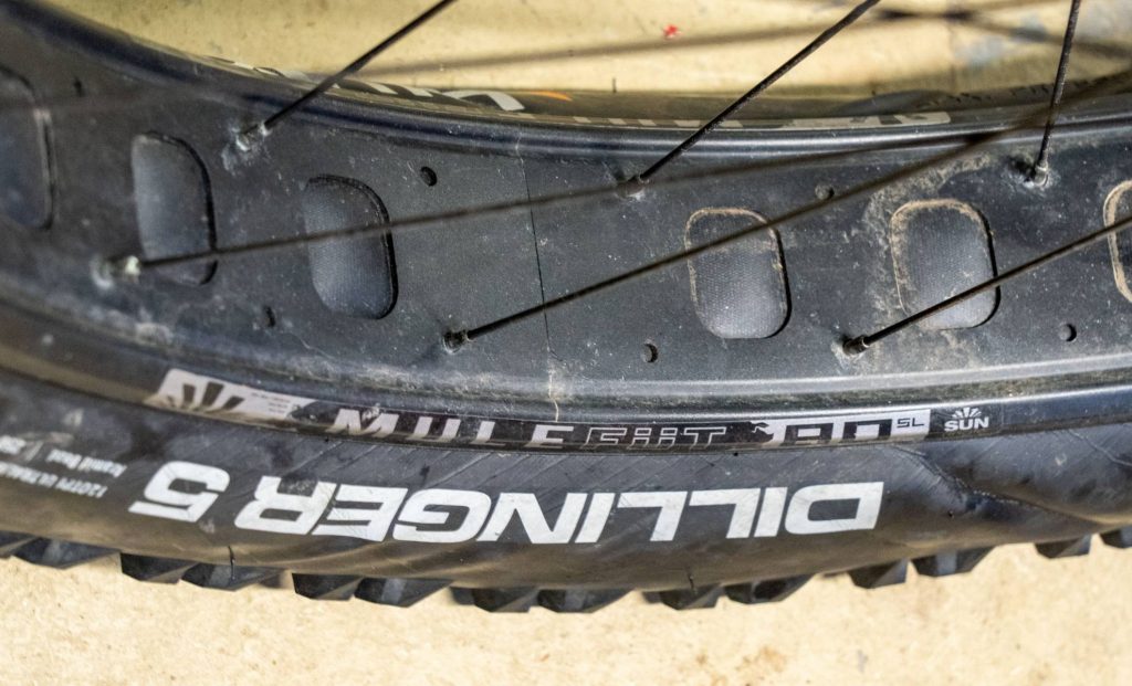 A Dillinger 5 fat bike tire showing wrinkles on the sidewall
